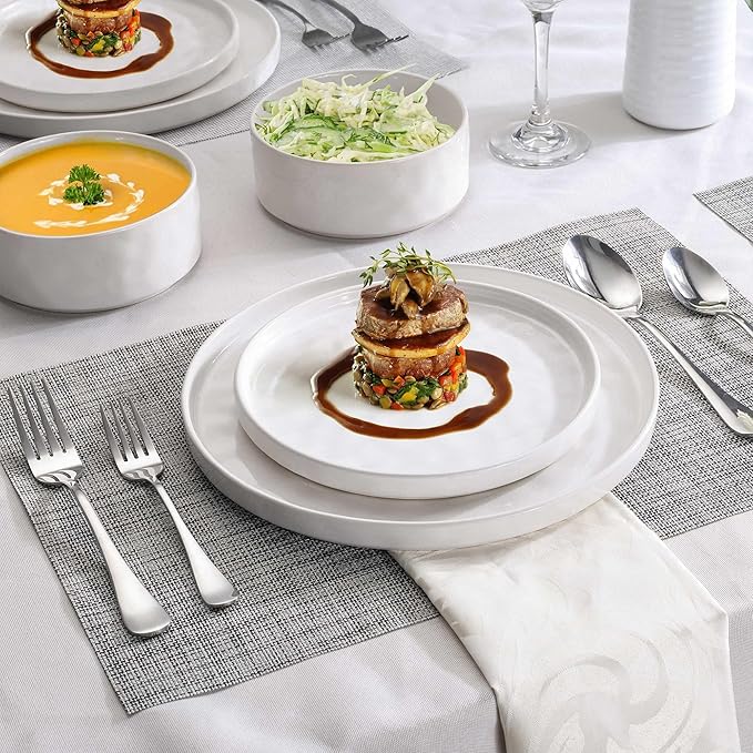 LIANYU Stoneware Dinnerware Sets, 12 Piece Plates and Bowls Dish Set for 4, Kitchen Speckled Dinner Ware Dining Dishware, Microwave & Dishwasher Safe, Polar White