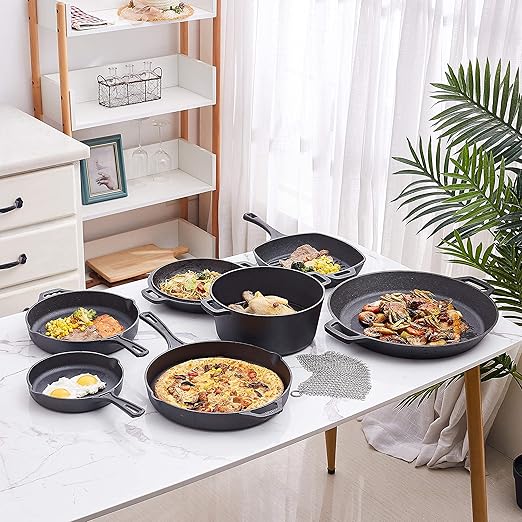 Bruntmor 8 Piece Cast Iron Cookware Set - Pre-Seasoned Pots and Pans Set with Cast Iron Skillets, Grill Pan, Dutch Oven, Pizza Pan, and Scrubber - Heavy Duty Cooking for Home Kitchen or Camping