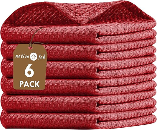 Native Fab 6 Pack Waffle Dish Cloths - 100% Cotton, Absorbent, Quick Drying & Soft Towels for Cleaning, Cooking & Baking - Ideal for Home, Restaurants & Cafes - 12x12 Inches - Red