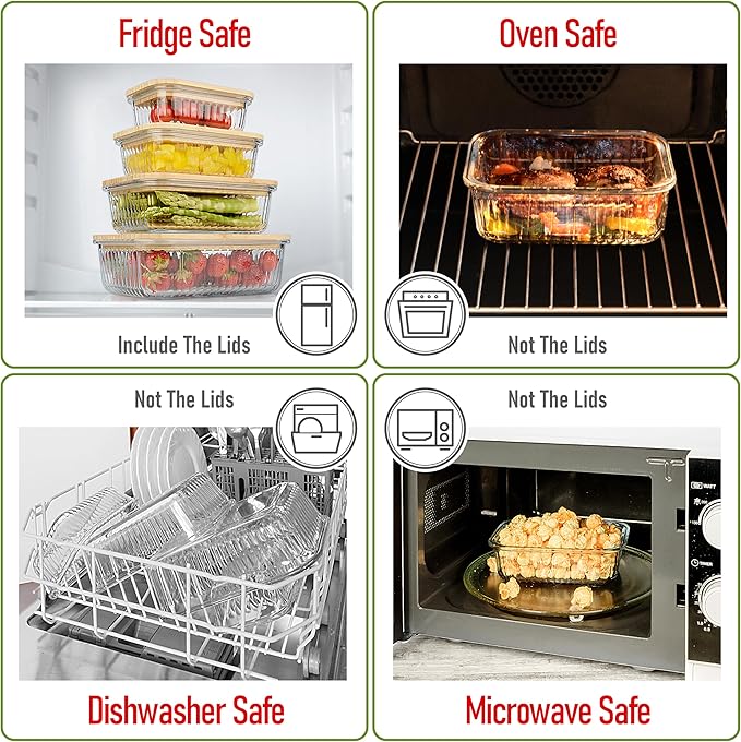 Ribbed Glass Tupperware Set with Bamboo Lids - 4 Stackable Meal Prep Containers. Durable heat resistant Inert Borosilicate Glass