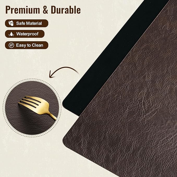 DOLOPL Placemats Set of 6 Reversible Dual-Color Table Placemats – Heat Resistant Wipeable & Brown Placemats, Faux Leather Table Mats for Vintage Table Decor（Dark Brown & Black）