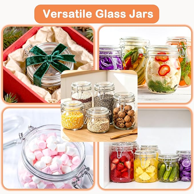 Glass Containers With Lids 16 Oz Wide Mouth Airtight Jars With Locking Lids 2 Pack Food Storage Canisters For Pantry Fridge Kitchen Rubber Sealed Glass Jars For Cereal, Oats, Sugar, Flour,Nuts,Candy