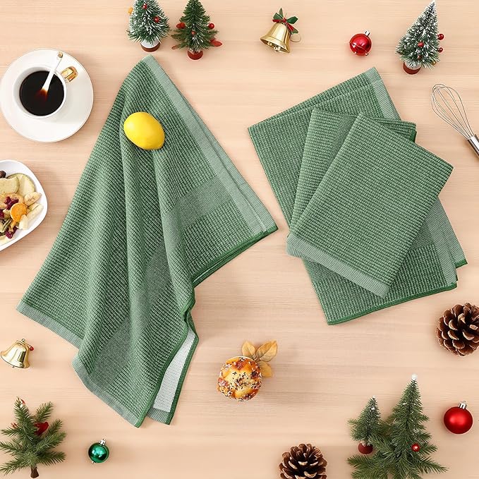 Homaxy Premium Kitchen Towels(18”x 28”, 12 Pack), Large Cotton Kitchen Hand Towels, Flat and Terry Dish Towels, 380 GSM Highly Absorbent Tea Towel Set with Hanging Loop, Grass Green