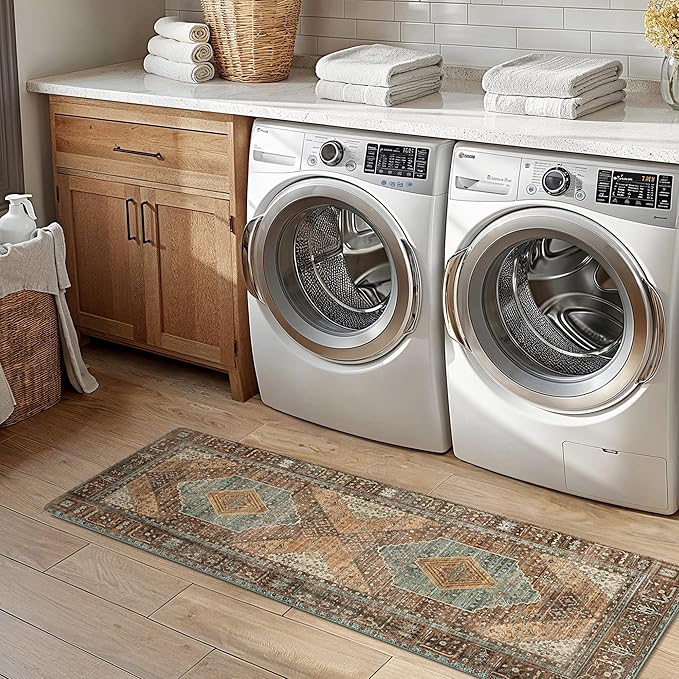 GENIMO Kitchen Mats for Floor 2PCs, Washable Anti Fatigue Mat for Cushioned, 17.3"x59"+17.3"x30", Waterproof Kitchen Rugs, Non Slip Comfort Standing Mat Rug for Home, Sink, Laundry, Brick