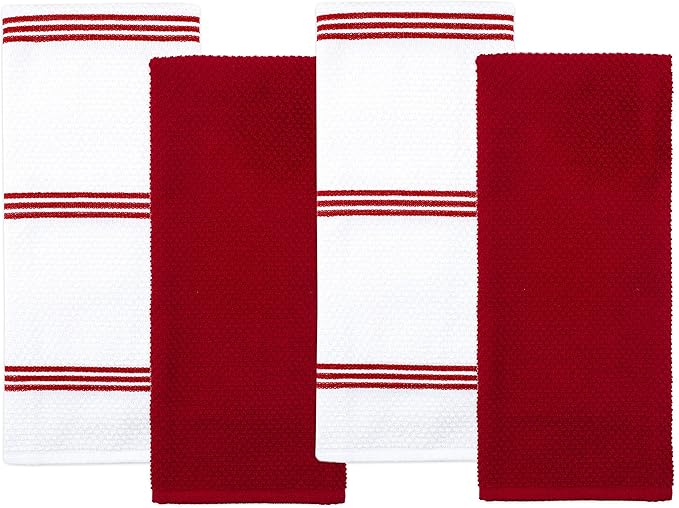Sticky Toffee Cotton Kitchen Towels Set of 4 – Red and White Dish Towels 28x16 in, Reusable and Absorbent Tea Towels for Drying or Cleaning, Oeko-Tex Cotton