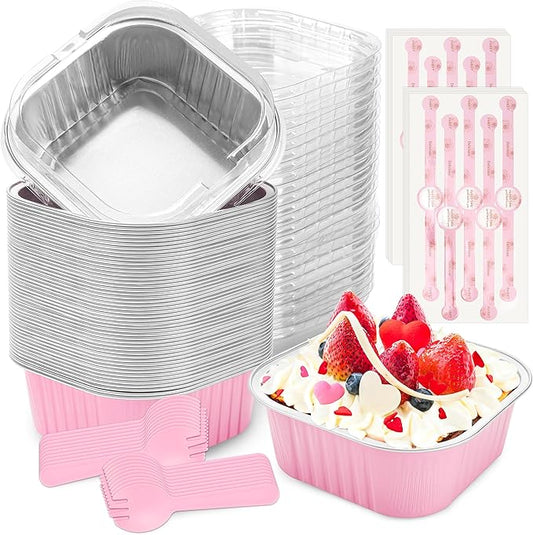 60 Pack Mini Cake Pans with Lids, Mini Aluminum Pans, Disposable Loaf Pans Cupcake Liners with Lids for Pudding, Souffle, Party, Wedding (Pink, 10 oz)
