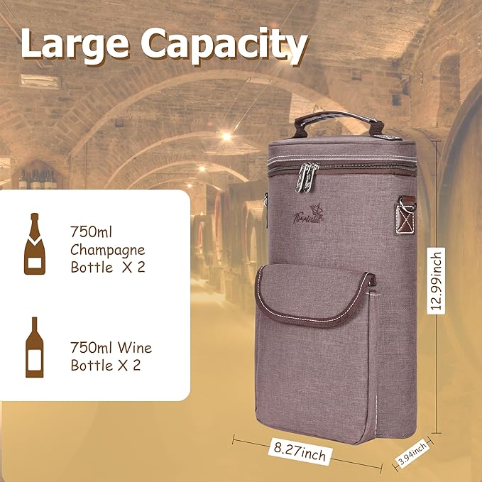 Tirrinia 2 Bottle Wine Gift Tote Carrier - Leakproof & Insulated with Large Pockets Wine Cooler Bag for Travel, Tasting, Party, Dinner, Valentine's Day Gift