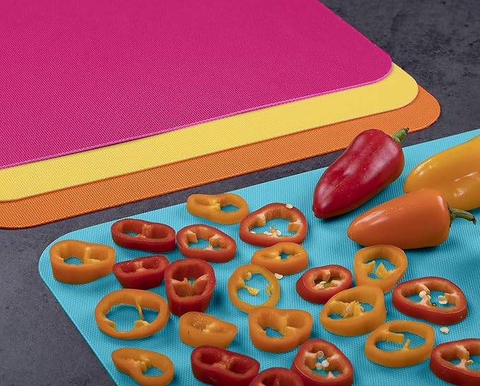 Dexas Heavy Duty Cutting Board Grippmat, Flexible Cutting Boards for Kitchen, Set of 4, Non Slip Plastic Board Cutting Mat 11.5 by 14 inches, Bright Blue, Yellow, Orange and Pink Set Kitchen Gadgets