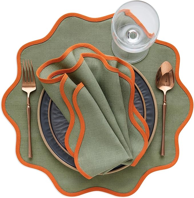 Solino Home Linen Placemats Set of 4-100% Pure Linen Persimmon Orange and Oil Green Round Cloth Placemats 16 Inch for Fall, Thanksgiving - Giselle Scallop Edge, Handcrafted and Machine Washable