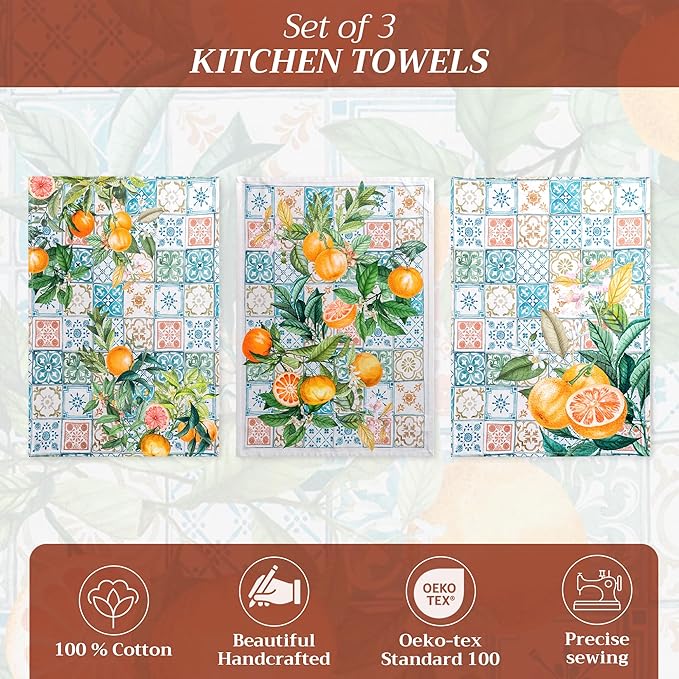 Maison d' Hermine Kitchen Towels Set of 3 100% Cotton 27.50" x 20" Reusable Cloth Tea Dish Towels Absorbent with Hanging Loop for Kitchen, Home, Dining, Cocktail Parties Spring/Summer (Agrume)
