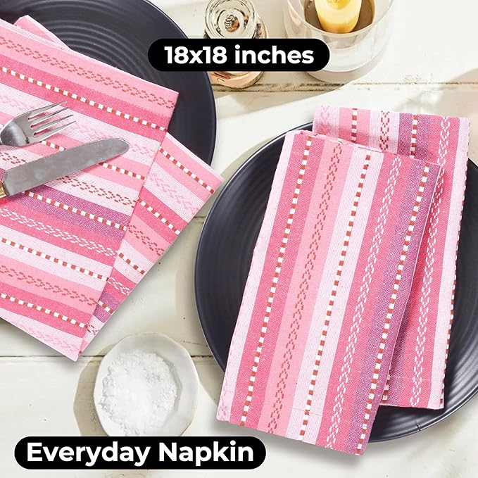 Bedding Craft Cotton Cloth Dinner Napkins Set of 12 – 18x18 Pink Multi Salsa Stripe – Reusable Machine Washable Fabric Napkins for Weddings, Parties, Kitchen & Everyday Dining