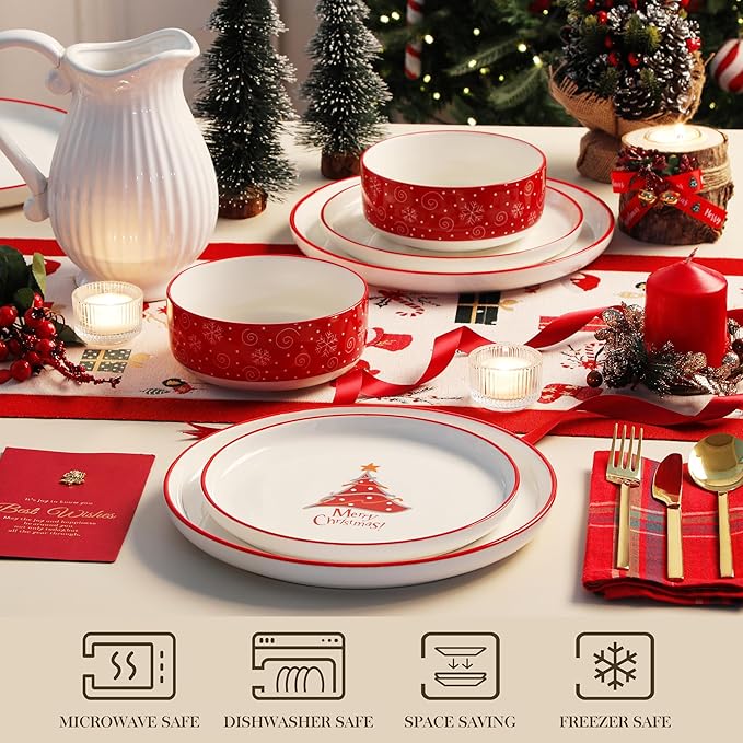 MALACASA Plates and Bowls Sets, 18 Pieces Christmas Porcelain Dinnerware Set for 6, Ceramic Dishware Dishes Kitchen Dining Ware Set, Microwave and Dishwasher Safe, Series LUNA-Christmas Tree