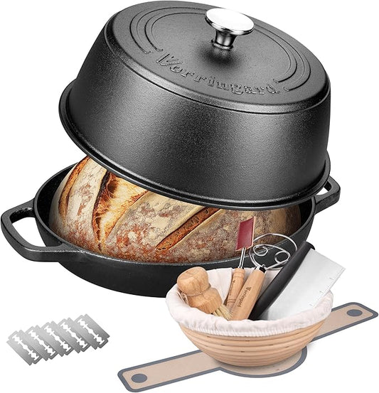Cast Iron Dutch Oven Pot with Lid for Bread Baking - include Sourdough Bread Baking Supplies like Banneton Bread Proofing Basket, Bread Oven 6 QT, Pre-seasoned