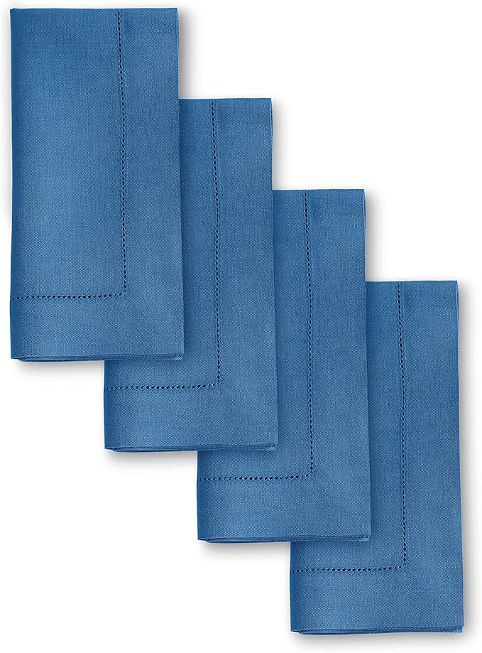 Solino Home Linen Napkins Set of 4 - Classic Hemstitch 100% Pure Linen Indigo Blue Dinner Napkins Cloth 20 x 20 Inch for Fall, Autumn, Christmas - Handcrafted and Machine Washable
