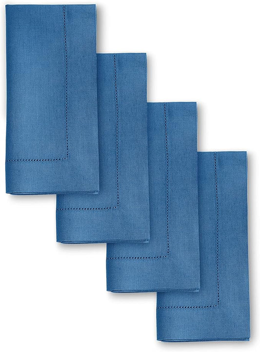 Solino Home Linen Napkins Set of 4 - Classic Hemstitch 100% Pure Linen Indigo Blue Dinner Napkins Cloth 20 x 20 Inch for Fall, Autumn, Christmas - Handcrafted and Machine Washable