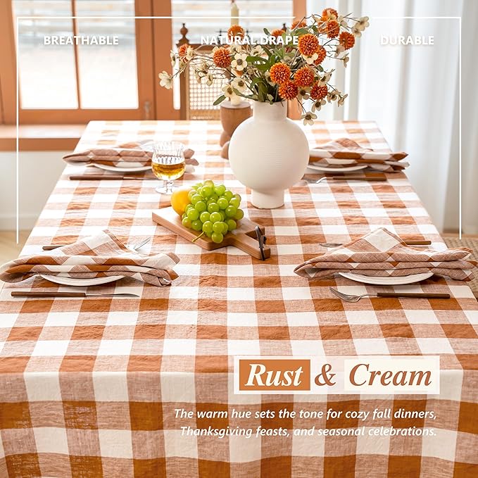 Linen World Checkered Tablecloth – Buffalo Plaid Linen Tablecloth 108" x 60" Inch,100% French Flax Table Cloth for Dining Table,Weddings,Thanksgiving & Christmas Decor,Rust Checkered