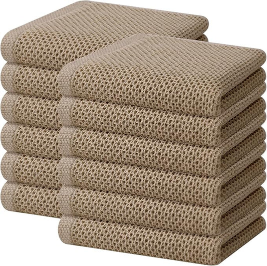 Homaxy 100% Cotton Waffle Weave Kitchen Dish Towels, Ultra Soft Absorbent Quick Drying Cleaning Towel, 13 x 28 Inches, 12-Pack, Tan