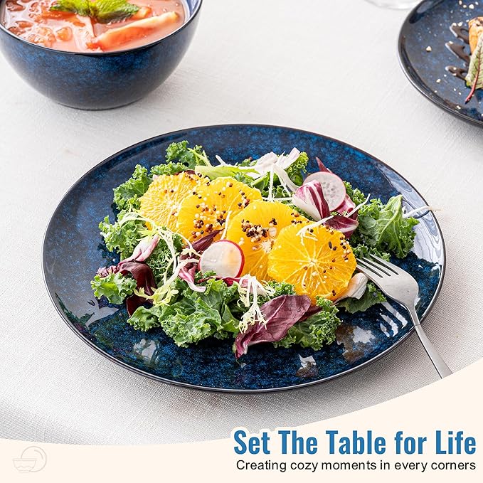 Plates and Bowls Sets, 12 Pieces Dark Blue Dinnerware Sets for Kitchen, Reactive Glaze Dishes Set for 4, Dishwasher and Microwave Safe, Series Starflecked Shore(Dark Blue)