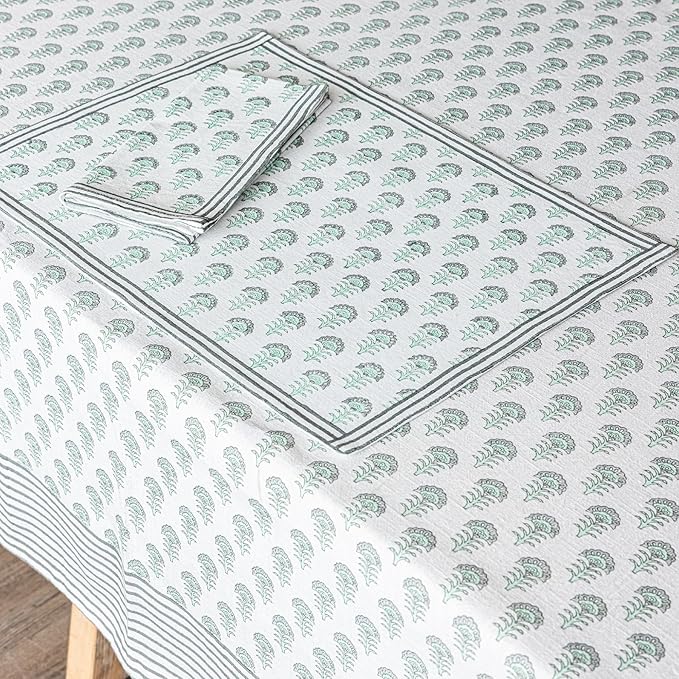 over&back Hand-Screened Tablecloth - Dining Table Cover - Each Tablecloth is Unique - 100% Cotton - Machine Washable - Kitchen and Home Decor - Green Flower - 70x90