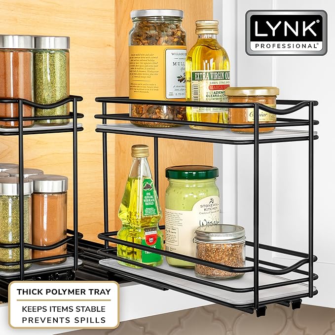 LYNK PROFESSIONAL® Pull Out Spice Rack Organizer for Inside Kitchen Cabinets - 4-3/8 inch Wide - Slide Out Drawer – Black Sliding Spice Cabinet Organization Shelf Racks - 2 Tier