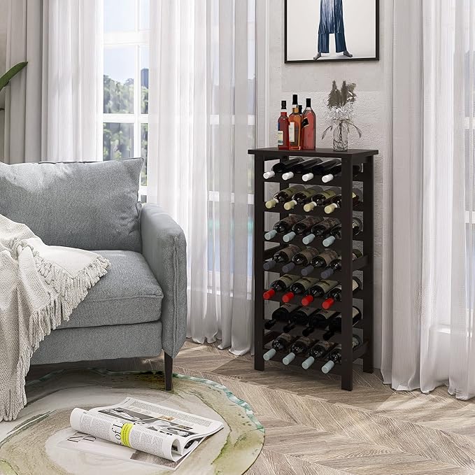 SMIBUY Bamboo Wine Rack, 28 Bottles Display Holder with Table Top, 7-Tier Free Standing Storage Shelves for Kitchen, Pantry, Cellar, Bar (Dark Brown)