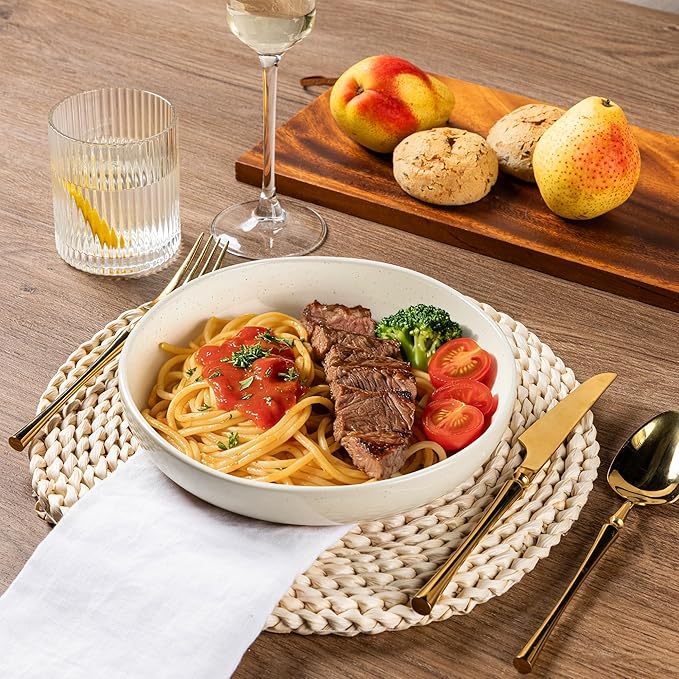 AmorArc Ceramic Dinnerware Sets with Pasta Bowls for 6, Handpainted Plates and Bowls Set with Rustic Terracotta Underside, Scratch Resistant Dishes Set, Dishwasher & Microwave Safe, 24 Pcs