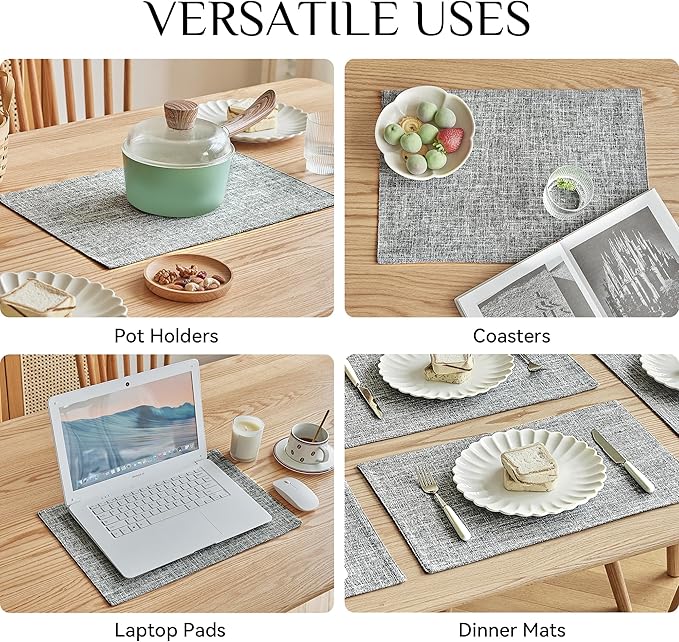 Softalker Faux Linen Placemats Set of 8-12 x 18 Inch, Heat Resistant Double Layered Durable Burlap Farmhouse Place Mats, Non-Slip Washable Rustic Table Mats for Dining, Kitchen, Party（Ash Grey