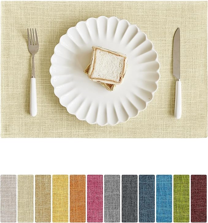 Softalker Faux Linen Placemats Set of 12-12 x 18 Inch, Heat Resistant Double Layered Durable Burlap Farmhouse Place Mats, Non-Slip Washable Rustic Table Mats for Dining, Kitchen, Party（Light Linen