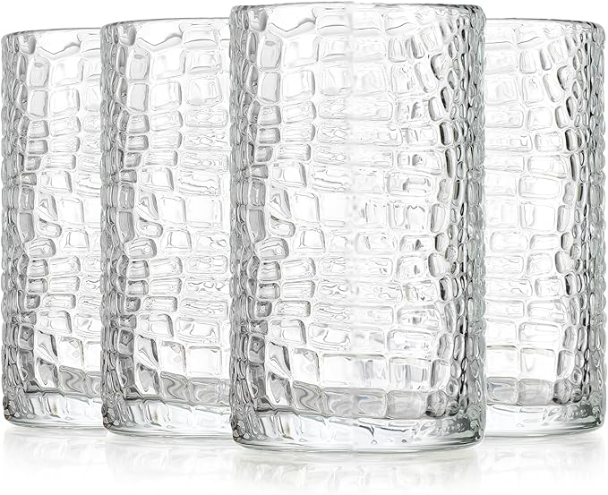 Glaver's Highball Drinking Glasses, Set of 4 Clear 15 Ounce Crackle Design Textured Drinking Glasses Heavy Duty Basic Set for Everyday Home, Bar use for Water Juice Cocktails Smoothies.