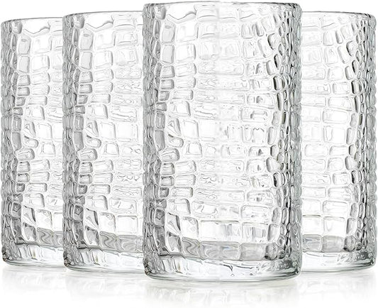Glaver's Highball Drinking Glasses, Set of 4 Clear 15 Ounce Crackle Design Textured Drinking Glasses Heavy Duty Basic Set for Everyday Home, Bar use for Water Juice Cocktails Smoothies.