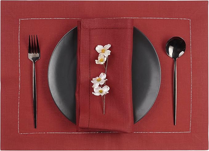D'Moksha Homes Red Linen Placemats Set of 4 - Classic Hemstitch Placemats 14 x 19 Inch - 100% Pure Linen Table Mats for Fall, Thanksgiving, Christmas, Holiday - Handcrafted and Machine Washable