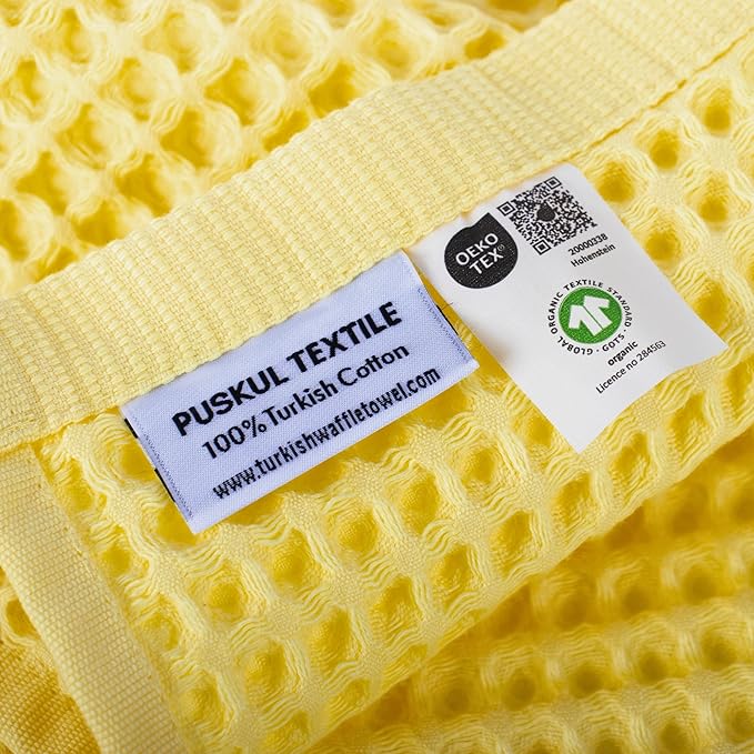 PÜSKÜL Organic Waffle Kitchen Towel 100% Turkish Cotton Set of 3 Yellow - Premium Quality, Soft, Quick-Dry, Absorbent, Lint-Free Hand Towels 32X16 Inches (3, Light Yellow)