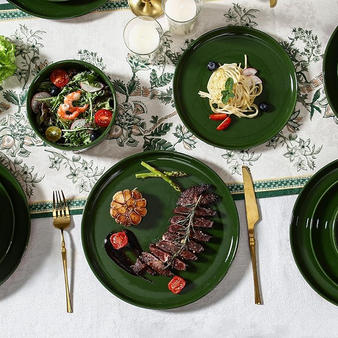 GZG Modern Art Series - 6 Pcs Speckled Stoneware Plates and Bowls Sets, Ceramic Dinnerware Set with Rustic Terracotta Underside, Microwave and Dishwasher Safe Handcrafted Dishes Set - Verdant Green