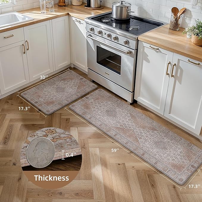 GENIMO Kitchen Mats for Floor 2PCs, Washable Anti Fatigue Mat for Cushioned, 17.3"x59"+17.3"x30", Waterproof Kitchen Rugs, Non Slip Comfort Standing Mat Rug for Home, Sink, Laundry, Oleander