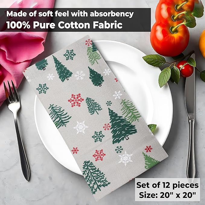 Urban Villa Christmas Cloth Napkins Green Trees Print Set of 12 100% Cotton Absorbent Dinner Napkins (20X20 Inches)Over Sized Soft Durable Reusable Washable Ideal for Home Wedding Parties Everyday use