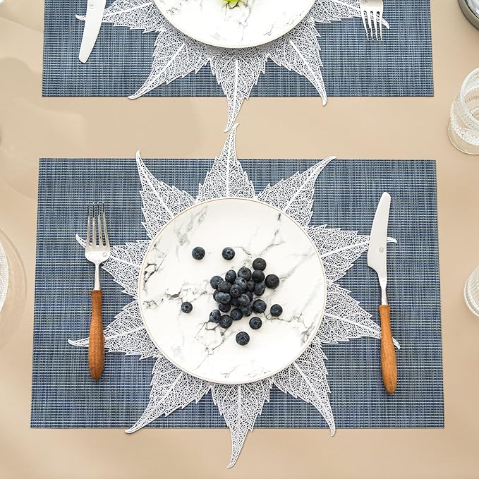 BACKTOEDEN Placemats Set of 4 Heat Resistant Washable Wipeable Placemats Woven Non-Slip Foldable Vinyl/Plastic Placemat Indoor/Outdoor Place Mats Kitchen Dining Table Mats, Silver Maple Leaf & Blue