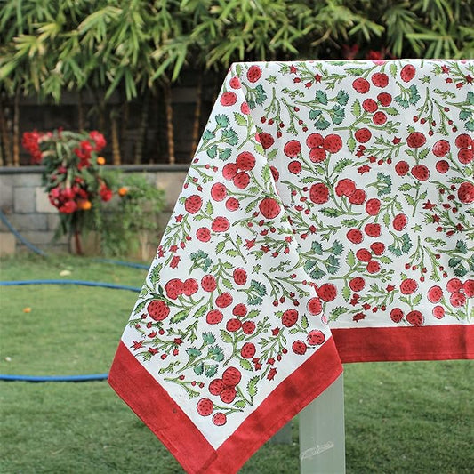 Ridhi Garnet Red and Emerald Green Indian Floral Hand Block Printed Cotton Cloth Tablecloth, Table Cover, Farmhouse Thanksgiving Christmas 4 Seater 60x60 Inches Square