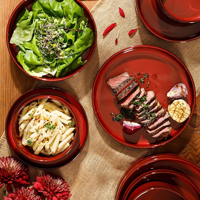 Bloomhouse Santorini Mist Double Bowl Terracotta Reactive Glaze Plates and Bowls Dinnerware Set - Garnet Red, Service for Four (16pcs)