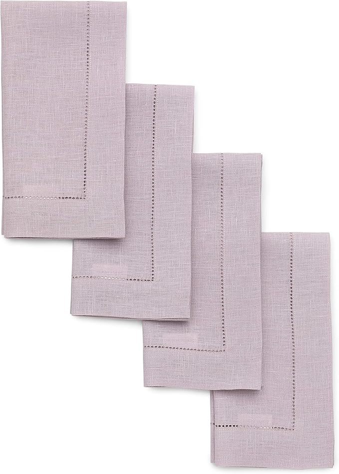 Solino Home Linen Napkins Set of 4 - Classic Hemstitch 100% Pure Linen Lilac Dinner Napkins Cloth 20 x 20 Inch - Handcrafted and Machine Washable