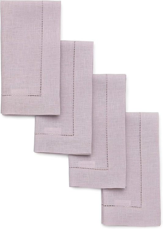 Solino Home Linen Napkins Set of 4 - Classic Hemstitch 100% Pure Linen Lilac Dinner Napkins Cloth 20 x 20 Inch - Handcrafted and Machine Washable