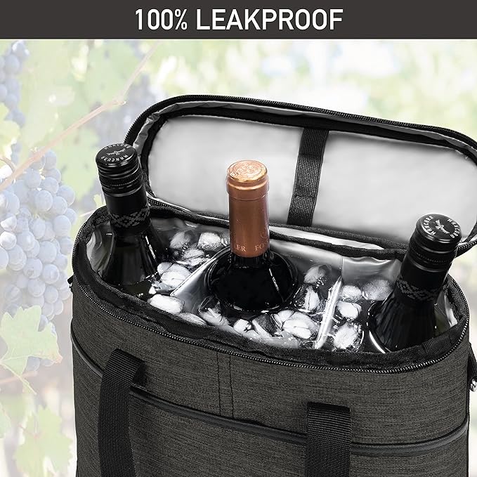 opux 3 Bottle Wine Carrier Tote, Insulated Leakproof Wine Cooler Bag, Wine Travel Bag for Picnic BYOB Beach, Portable Wine Bottle Carrying Case, Gift for Wine Lover Women Men Christmas, Charcoal Grey