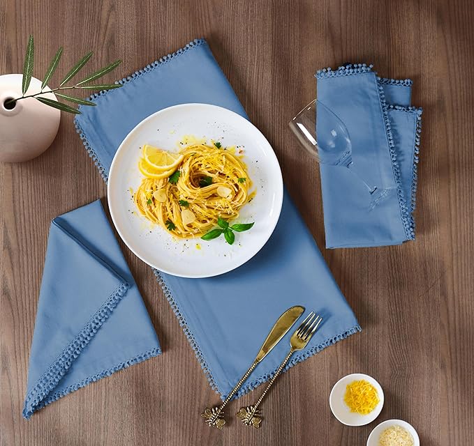 Bedding Craft Cotton Cloth Dinner Napkins Set of 12 – 18x18 Light Blue with Decorative Lace Selvedge – Elegant Machine Washable Fabric Napkins for Weddings, Parties, Baby Showers & Dining