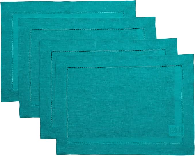 Solino Home Linen Placemats Set of 4 - Classic Hemstitch Teal Placemats 14 x 19 Inch - 100% Pure Linen Table Mats for Fall, Autumn, Thanksgiving, Christmas