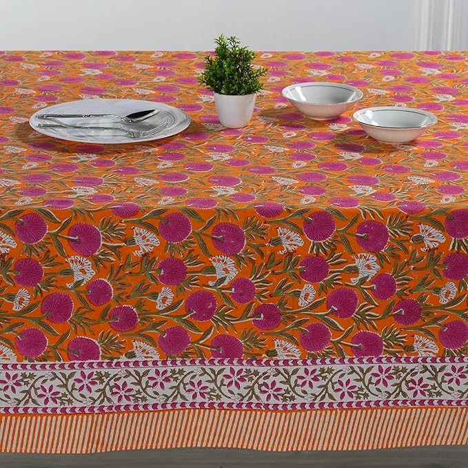 Ridhi -Bubblegum Pink Cotton Tablecloth, Handblock Print Floral Table Cloth for Kitchen Dining Linen I Thanksgiving, Christmas, Wedding, Fall Décor 8 Seater 70X108 Inch Rectangle