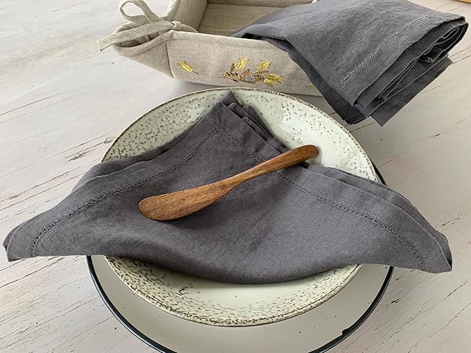 Hemstitched Linen Napkins – 20 Inch x 20 Inch – Stonewashed Pure Linen Cloth Dinner Napkins with Mitered Corners - 100% French Flax – Machine Washable - Set of 4 (Dark Gray)