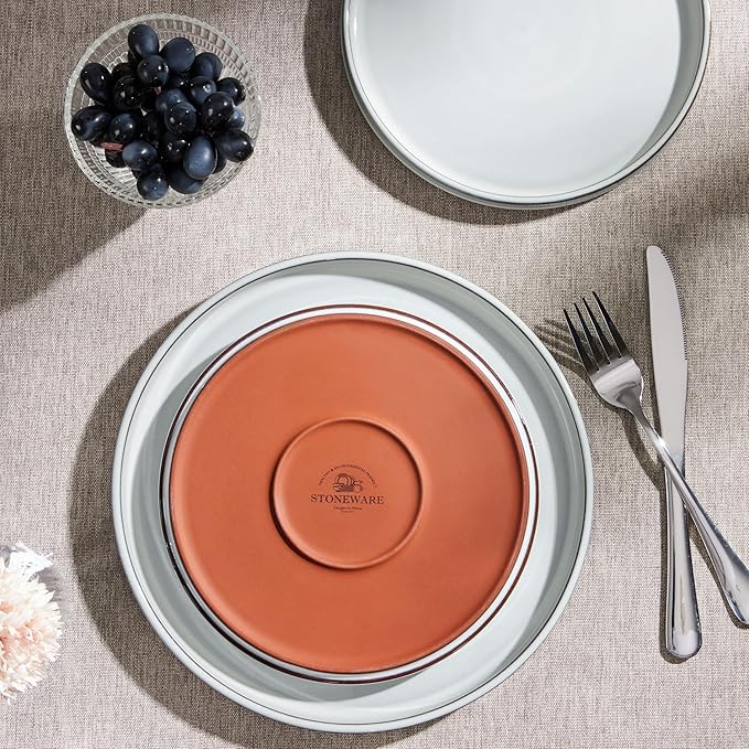 Herogo Plates and Bowls Dinner Dishes Sets for 6, 18 Pieces Ceramic Stoneware Dinnerware Set, Rustic Terracotta Bottom, Dishwasher & Microwave Safe, Icy White