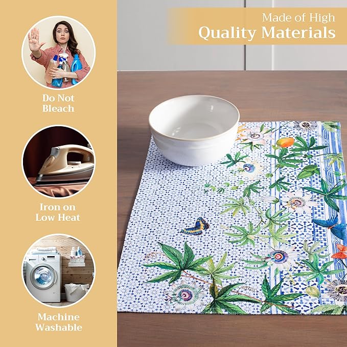 Maison d' Hermine Placemats Set of 4 100% Cotton Washable Cloth Place Mats, Reusable Table Mats for Kitchen Dining Decoration, Party, Wedding, Restaurant Spring/Summer (Passiflora, 13" x 19")