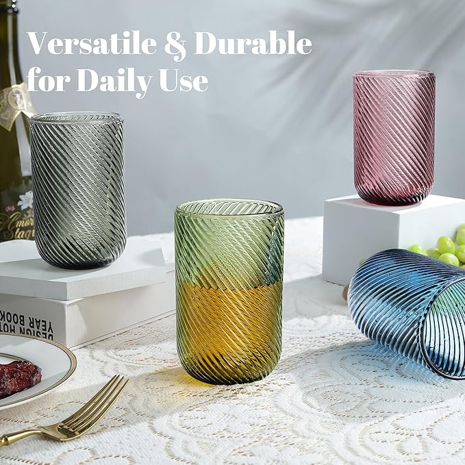 Joeyan Vintage Drinking Glasses,Ribbed Embossed Colored Highball Water Glasses Cups,Colorful Tumbler Glassware for Beverages Cocktail Whisky Beer Juice,14 oz,Set of 4,Dishwasher Safe