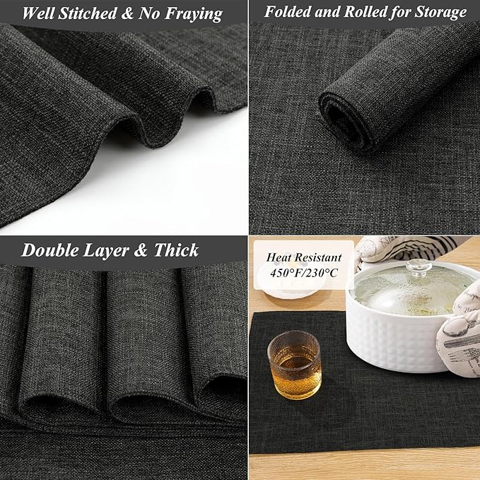 SHACOS Washable Cloth Placemats Set of 4 Cotton Linen Double Layer Thickened Machine Washable Table Mats Non Slip Heat Resistant Fabric Place Mats for Dining Table, Black