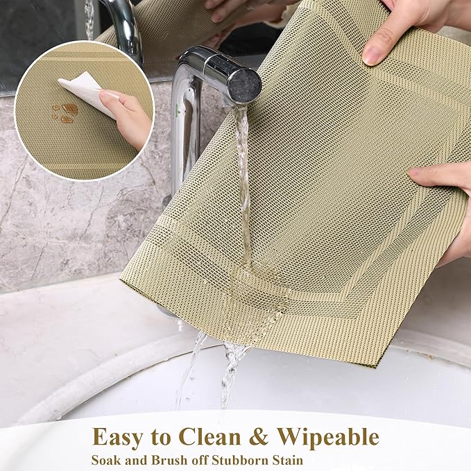 SHACOS Woven Plastic Placemats Set of 4 Wipe Clean Heat Resistant Place Mats for Dining Table PVC Weave Table Mats Indoor Outdoor (4, Frame Beige)